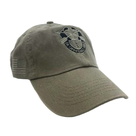An olive drab baseball cap featuring a dark embroidered US Army Special Forces crest on the front and a subtle American flag patch on the side, shown against a plain white background.