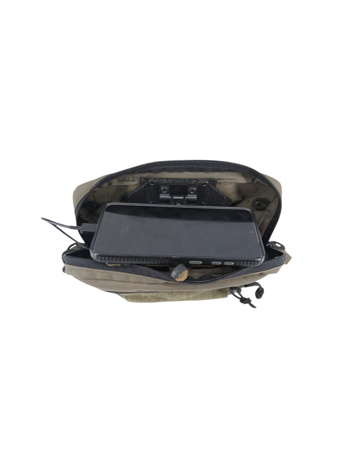 An olive green tactical pouch shown open, containing a black tablet or laptop and other gear, isolated on a white background.