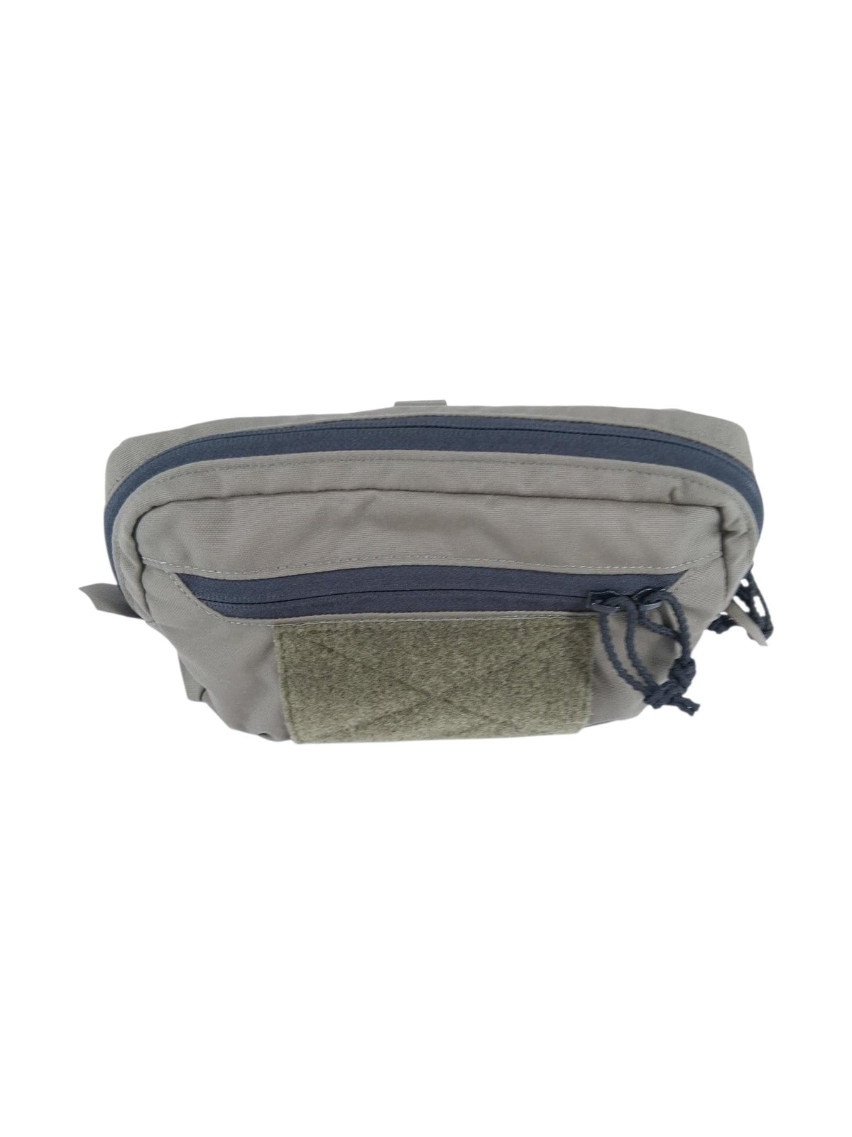 A light gray tactical waist bag with navy blue zippers and a textured olive green front panel, shown against a plain white background.