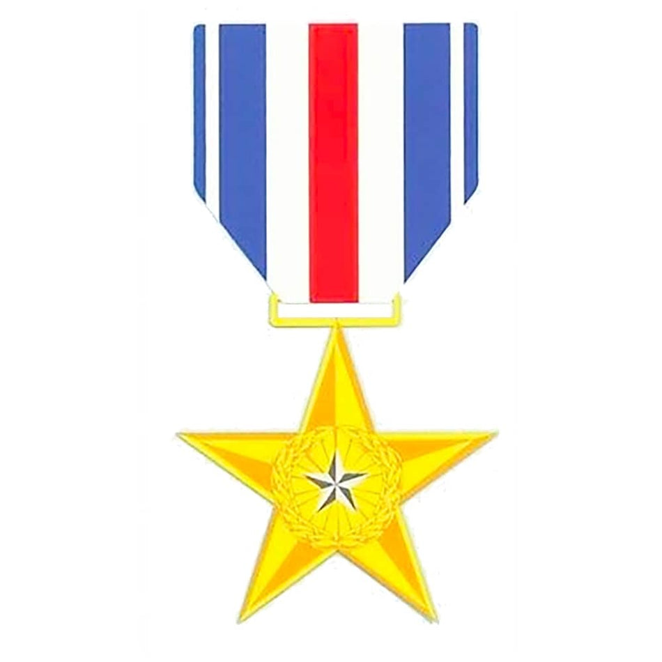A gold five-point star medal with a central white star and wreath, suspended from a ribbon with vertical blue, white, and red stripes, on a plain white background.