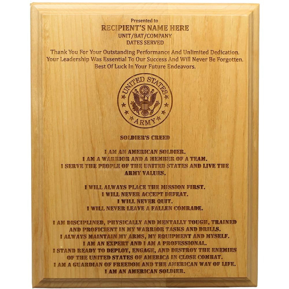 Personalized Army Retirement Plaque - Soldier's Creed - 8x10 Alder
