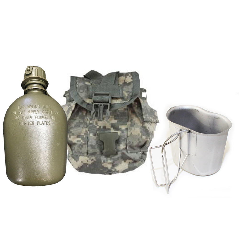 3 Piece 1 Quart ACU Pouch, Canteen and Cup in Used Condition - All Genuine Issue
