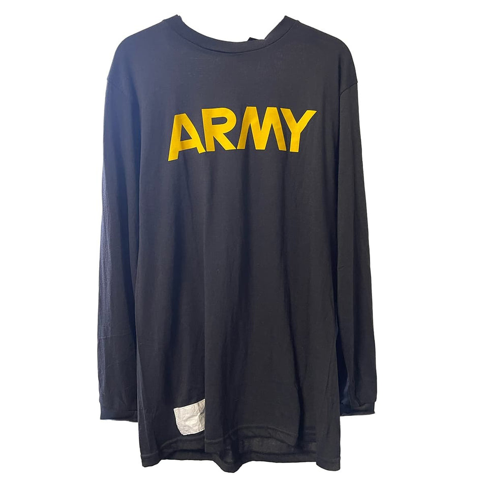 A black long-sleeve t-shirt with the word 'ARMY' printed across the chest in bold yellow letters, displayed against a plain white background.