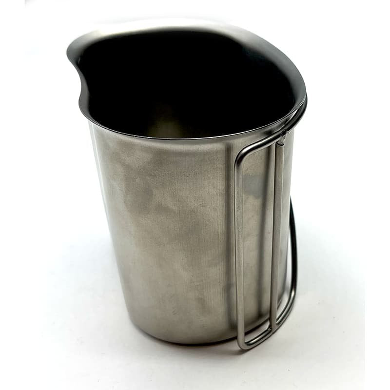 USGI Metal canteen cup side view on a white background