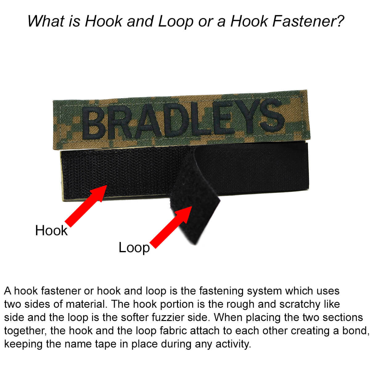 An educational product image explaining a hook and loop fastener. It shows a camouflage patch with the word 'BRADLEYS' on a black hook, and a separate black loop piece below it, with red arrows pointing to the labeled parts.