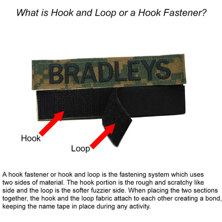 An educational product image explaining a hook and loop fastener. It shows a camouflage patch with the word 'BRADLEYS' on a black hook, and a separate black loop piece below it, with red arrows pointing to the labeled parts.