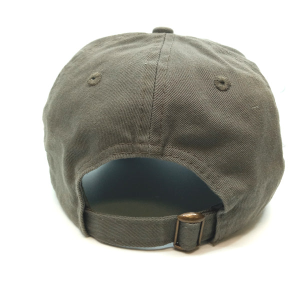 The back view of a baseball cap in a washed, faded olive green color, featuring an adjustable strap with a metal buckle.