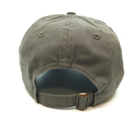 The back view of a baseball cap in a washed, faded olive green color, featuring an adjustable strap with a metal buckle.