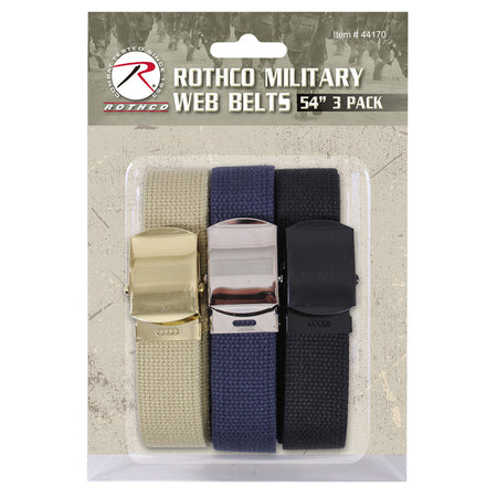 Rothco 54 Inch Military Web Belts in 3 Pack Khaki, Navy and Black