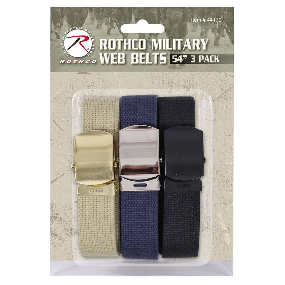 Rothco 54 Inch Military Web Belts in 3 Pack Khaki, Navy and Black
