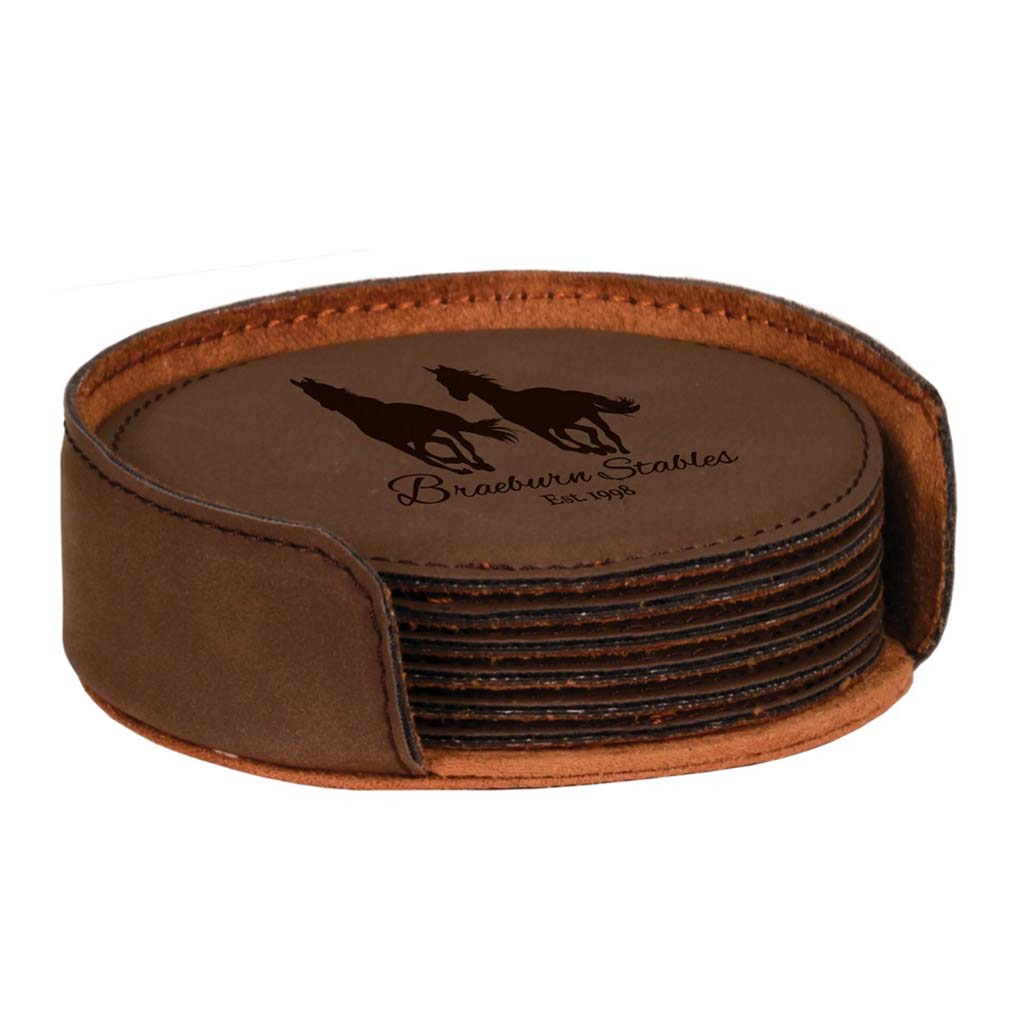Personalized Dark Brown Faux Leather Drink Coasters