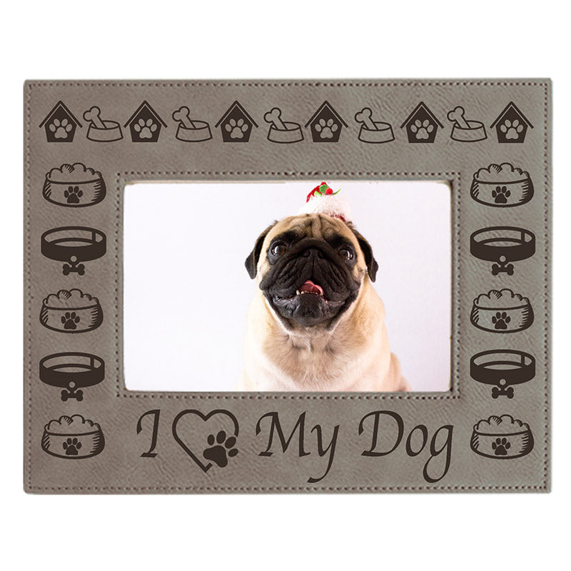 I Love My Dog Gray Leather Picture Frame