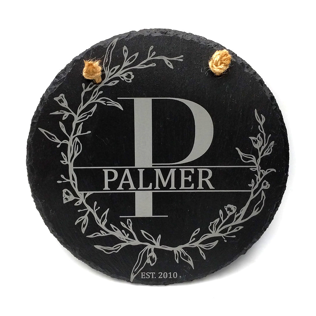 Personalized Last Name Monogrammed Slate Plaque with Date and Hanger String